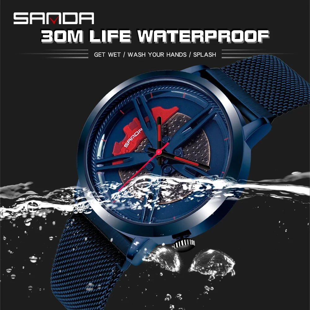 SANDA P1040 New Wheel Rim Hub Watch Stainless Steel Sport Car Quartz Watches Waterproof Creative Luminous Clock Relogio Masculio