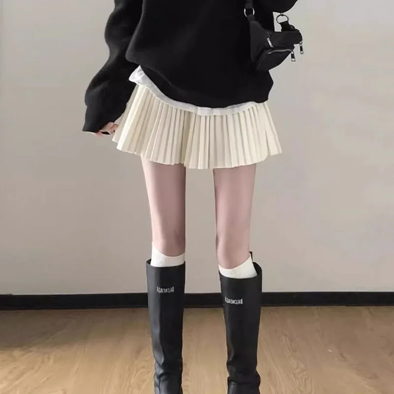 جديد المرأة مطوي التنانير الصغيرة عادية بلون عالية الخصر ألف خط التنانير مثير مكتب سيدة شيك التنانير الإناث الخريف الشارع الشهير