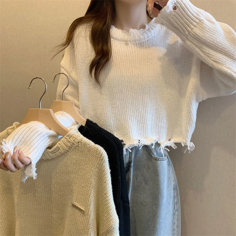 Hole Short Sweater High Waist Tassel Irregular Hem Women Pullover Long Sleeve Knit Top American Style Korean Fashion Hotsweet