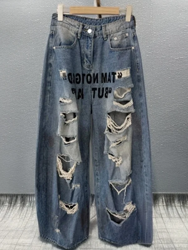 

Retro Summer New Loose Fit High Waist Denim Jeans Casual Wide Leg Pants with Hole Letter Print Breathable Women's Fashion
