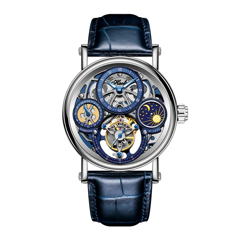 Haofa Skeleton Tourbillon Watch Man Mechanical Hollow Luminous Day and Night Painted Arabic Numerals Carve Luxury Leather 1601