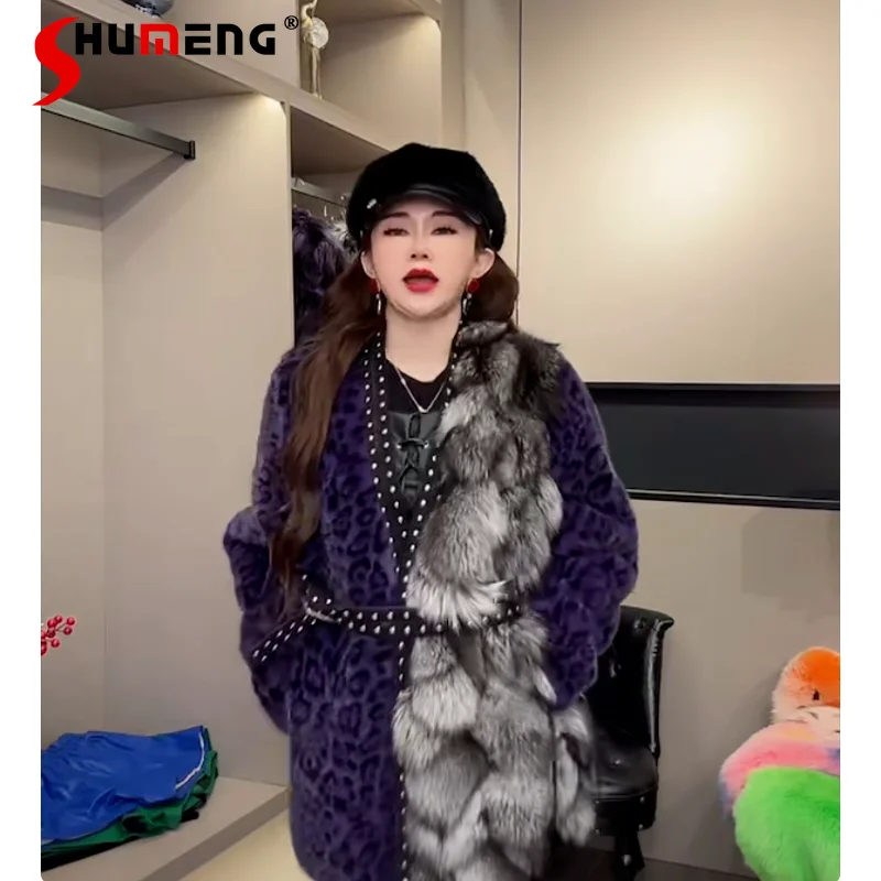 

2024 Autumn Winter New Furry Coat Women's Medium And Long Leopard Print With Fox Faux Fur Coats Thickened Warm Jacket Overcoat