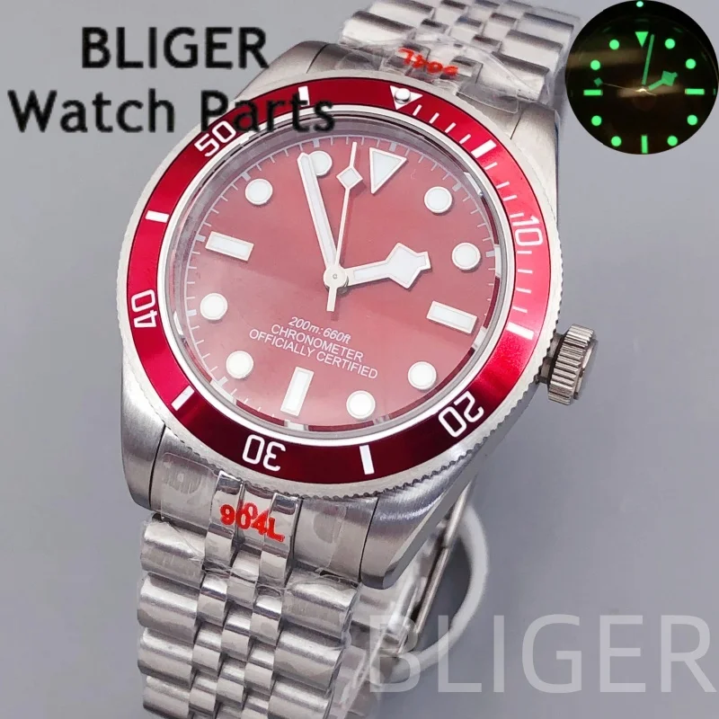 BLIGER 2025 39mm Men's NH35 Automatic Wristwatch Domed Sapphire Glass 100m Diving Retor Wine Red Dial Luminous Men's Watches