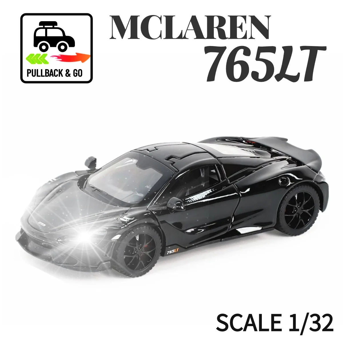 1:32 Mclaren 765LT Pullback Car Toy with Lights Engine Sound, Toyota Audi VW Scale Diecast Car Model Replica Kid Boy Play Gift