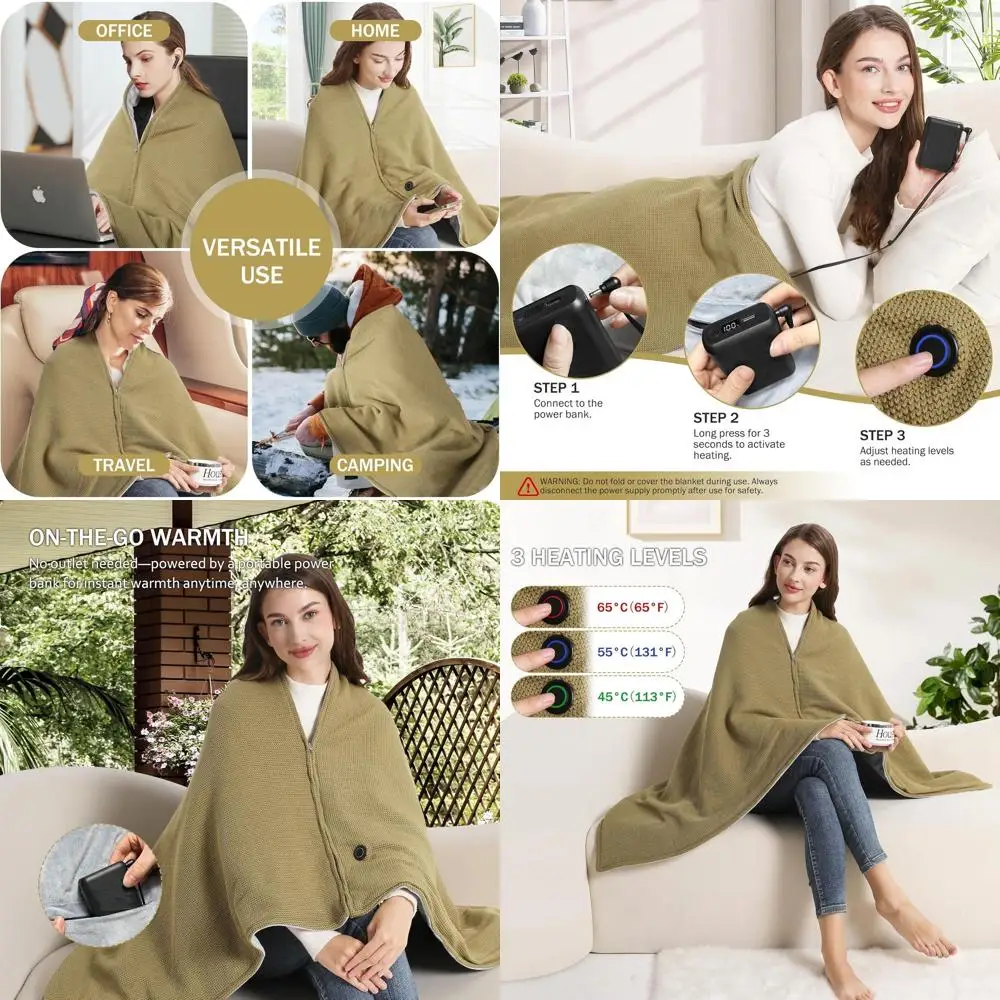 

Portable Cordless Heated Blanket, 20000mAh Power Bank, 58x32 Inches, Green & Gray Velvet, 3 Temperature Settings, Ideal for Indo