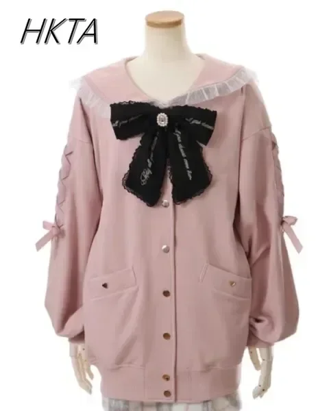 Lolita Japanese Clothes Casual Hoodie Coat Embroidery Bowknot Sweet Women's Hoodies Sailor Collar Long Sleeve Loose Sweatshirt