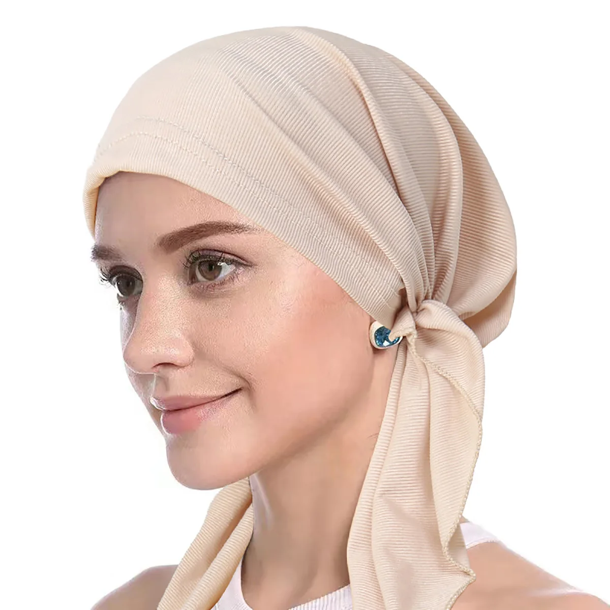 Solid Color Stripes Turban Hijab Hats Long Tail Head Wraps Elastic Muslim Hats Breathable Chemo Cap For Women Girls