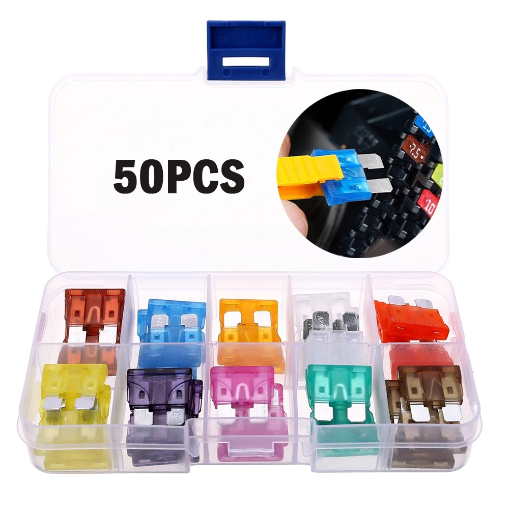 

50Pcs Zinc Car Fuse Assortment Set Profile Middle Size Blade Fuse For Auto Car Truck 2-35A Fuse with Box Clip