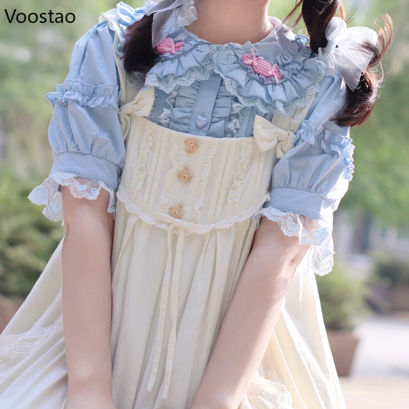 Japanese Soft Girls Lolita Shirt Sweet Lace Ruffles Heart Button Pink Candy Kawaii Blouses Women Peter Pan Collar Blusas Mujer