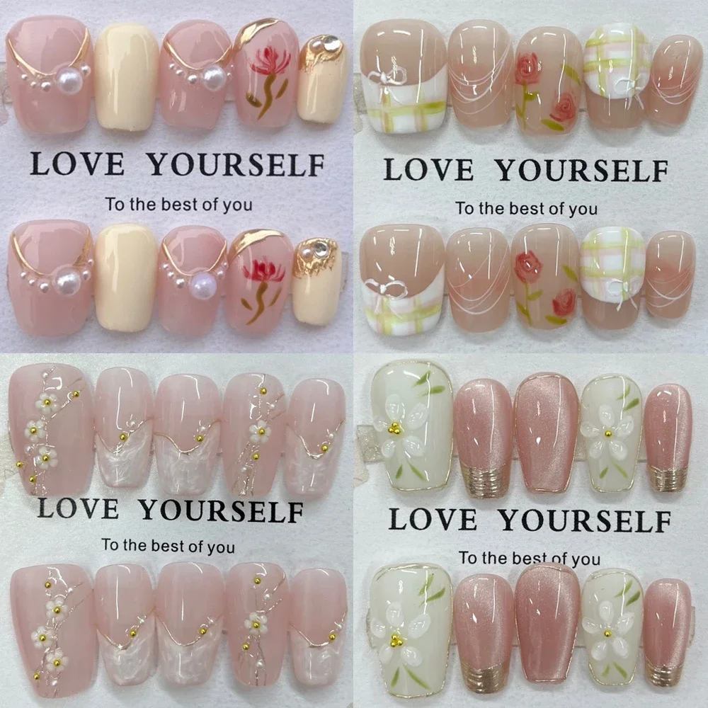 

10Pcs Shiny Golden Edge Handmade Press On Nails Cute Flowers Gradients Cat Eyes Pearl Design Short Wearable Nail Tips Art