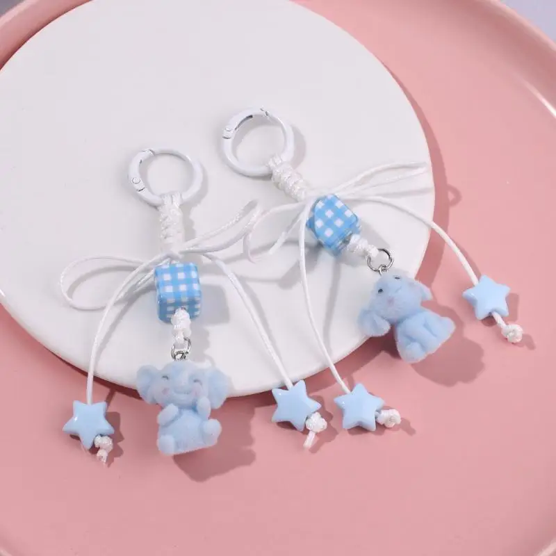 Light Blue Flocked Elephant Keychain Pendant Cartoon Bow Animal Keyring Bag Pendant Key Holder Best Friend Gifts view 2