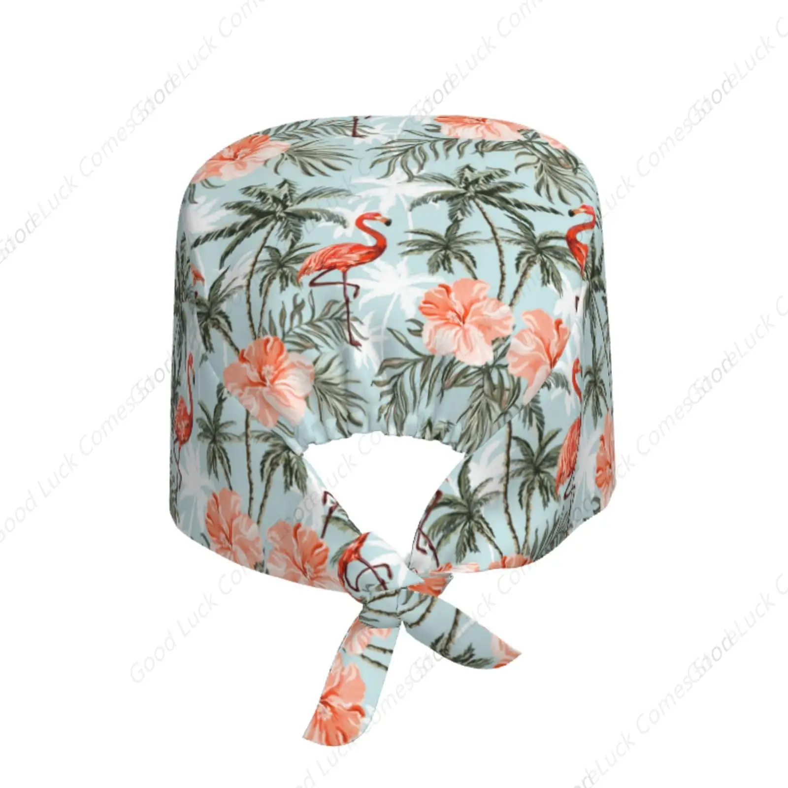 Hawaiian Flamingo Palm Trees Working Cap for Women Men, Scrub Cap with Sweatband Adjustable, Unisex Tie Back Hat, Nurse Surgical
