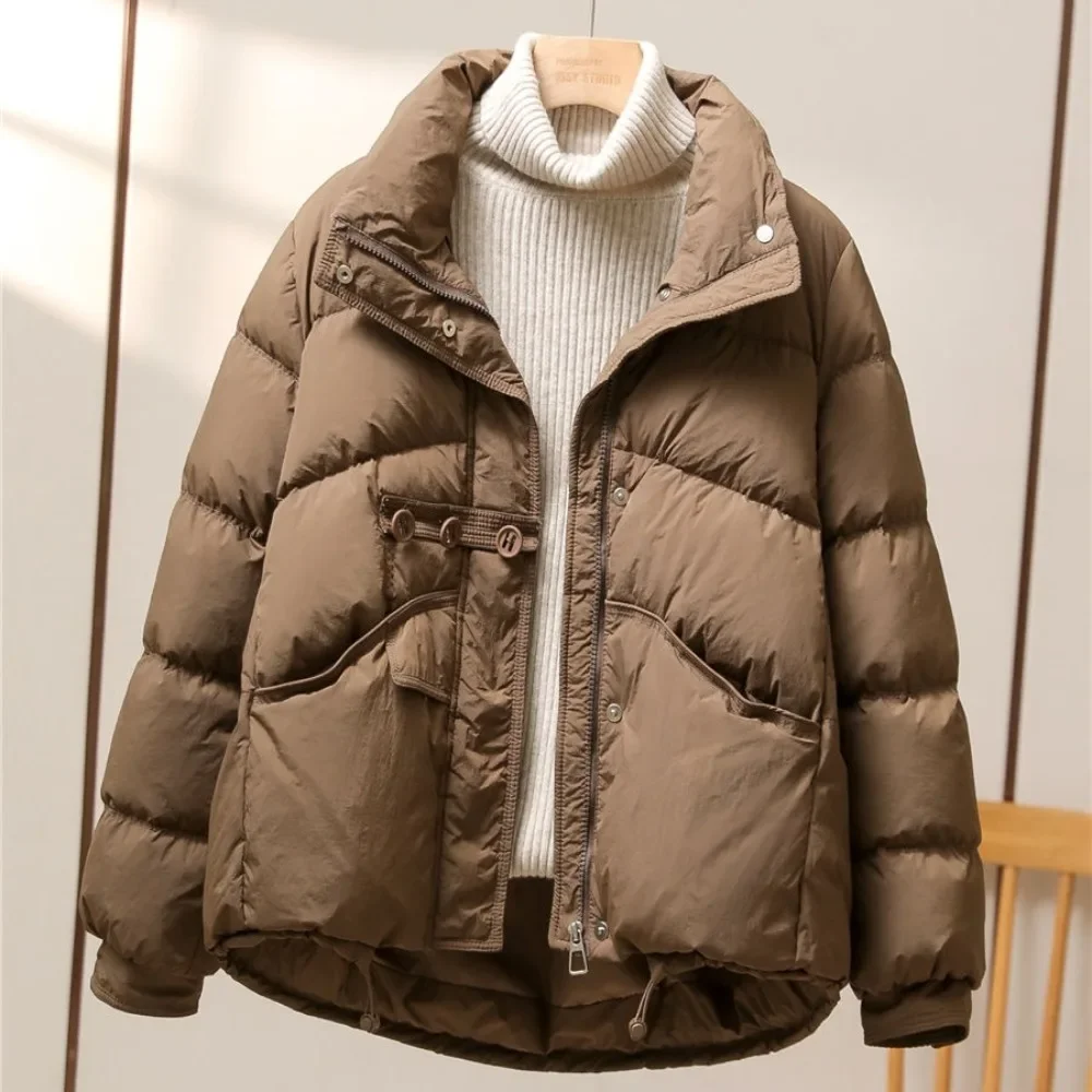 2024 New Winter Standing Neck Loose White Duck Down Warm Jacket Women Buttons Solid Color Warm Casual Fashion Puffer Bread Coat