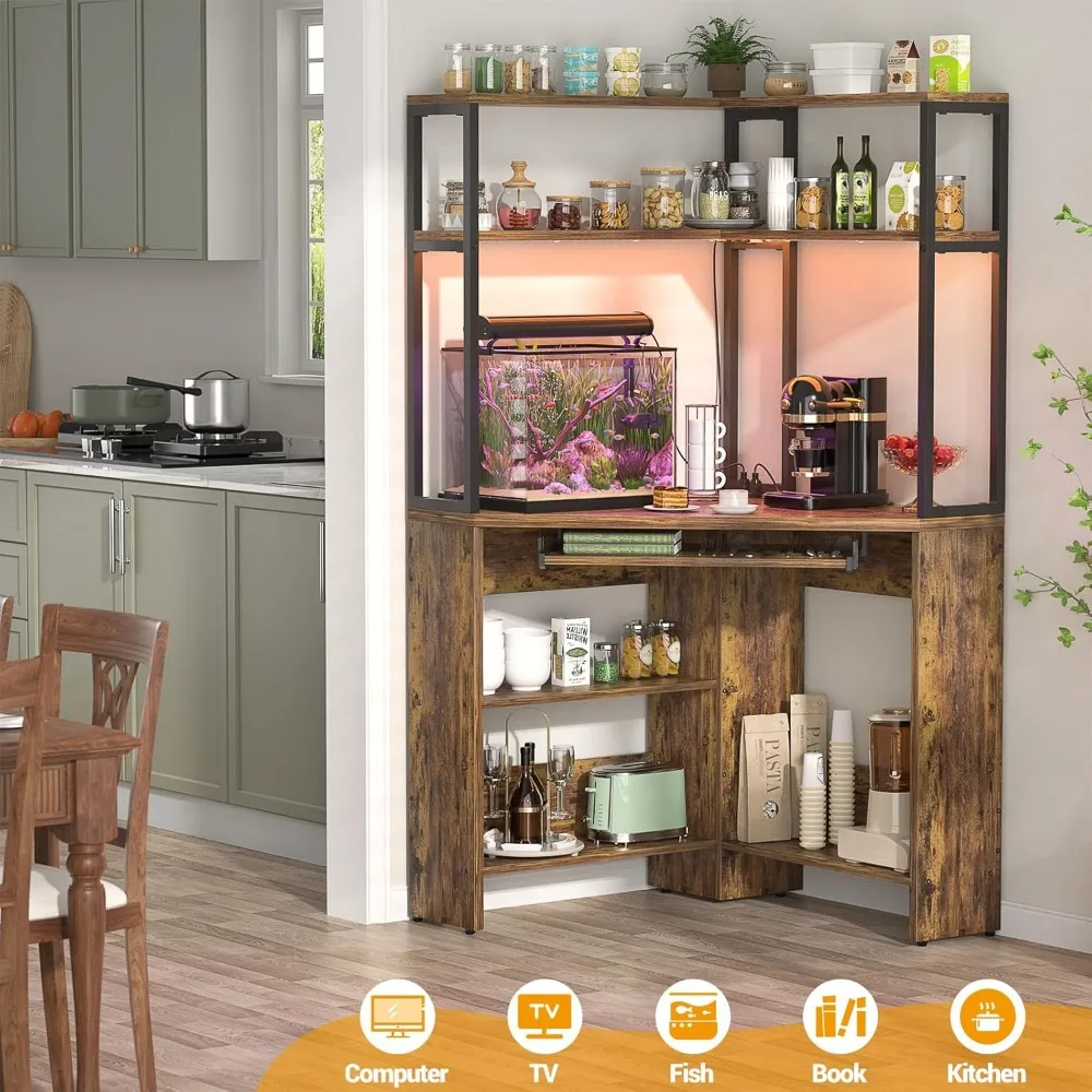 Mesa de canto pequena com gaiola, mesa de computador de canto resistente com tomadas de energia e luz LED, mesa de jogos de canto triangular