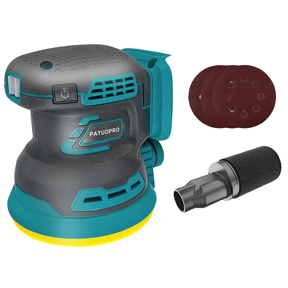 PATUOPRO 125MM Electric Cordless Disc Random Orbital Sander 3-Speed Brushless Grinding Power Tool For Makita 18V Battery