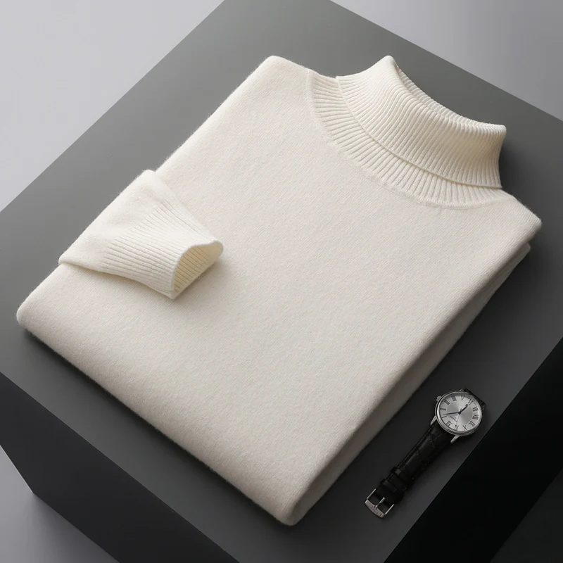 Autumn and winter new 100% pure merino wool pullover men's high-necked cashmere sweater thick warm loose solid color coat.