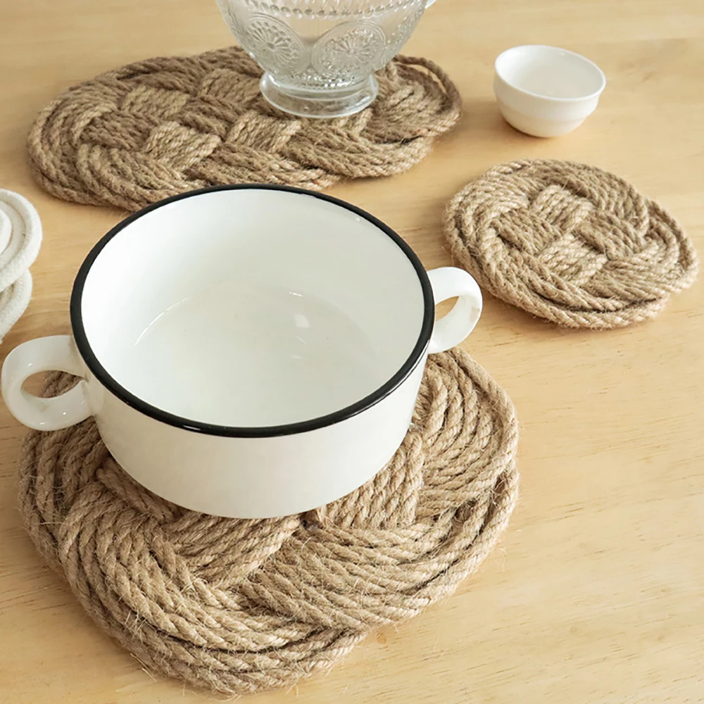 5pcs Cup Mat Braided Cotton Linen Rope Trivet Mat Hand Woven Heat-Resistant Round Coaster Non-slip Pot Pad Kitchen Table Decor