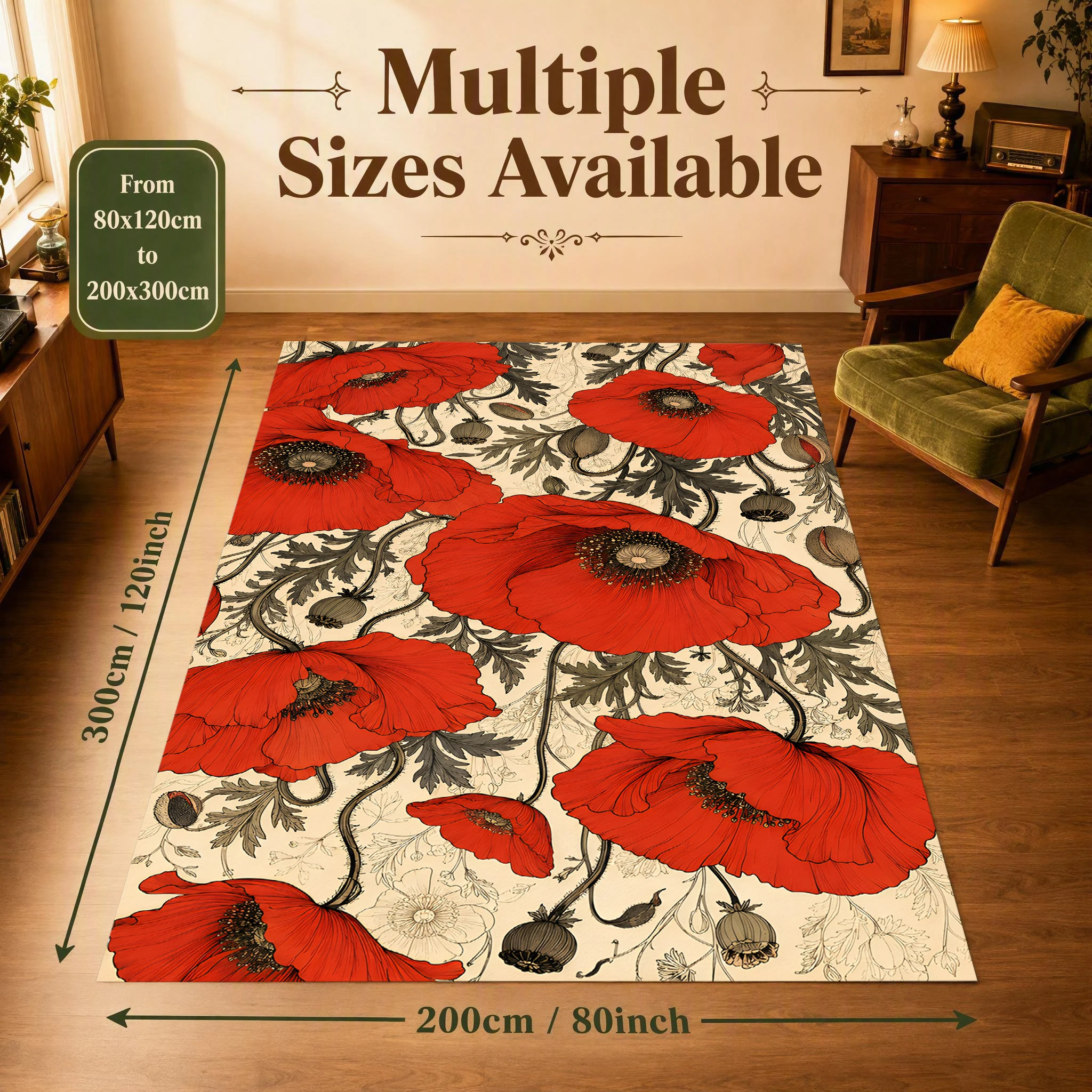 Velvet Rug Scarlet Poppy Flower All over Retro Pastoral for Living Room Bedroom Home Decor