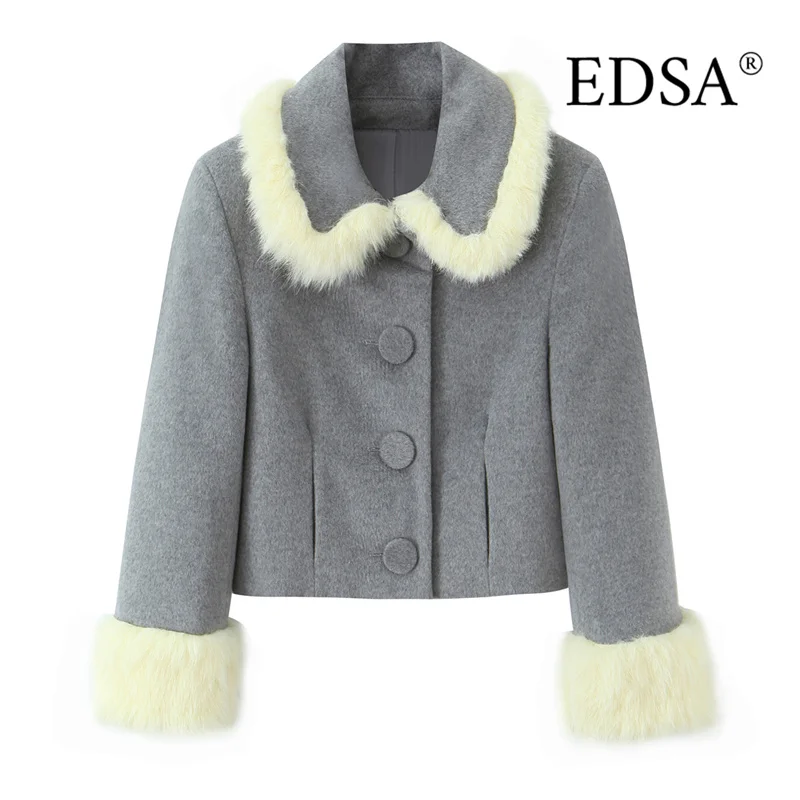 

EDSA женская укороченная куртка с меховой отделкой из искусственного меха, однобортная куртка с длинными рукавами для осенне-зимнего пальто, верхняя одежда