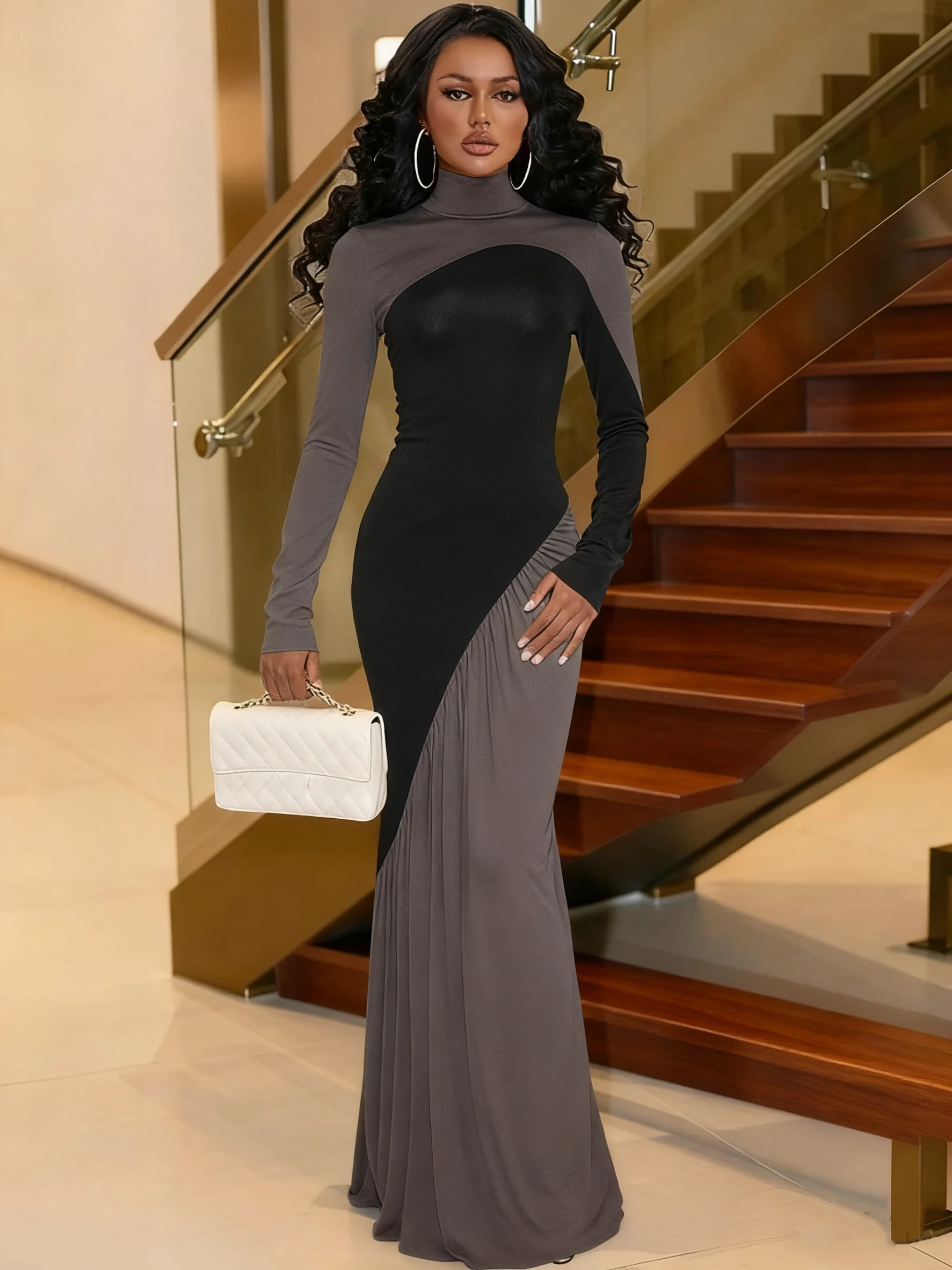 Sisterlinda Kontrast Patchwork Kleid Frau Herbst Trend Rollkragen Volle Hülse Dünne Stretch Casual Mode Elegante Vestidos