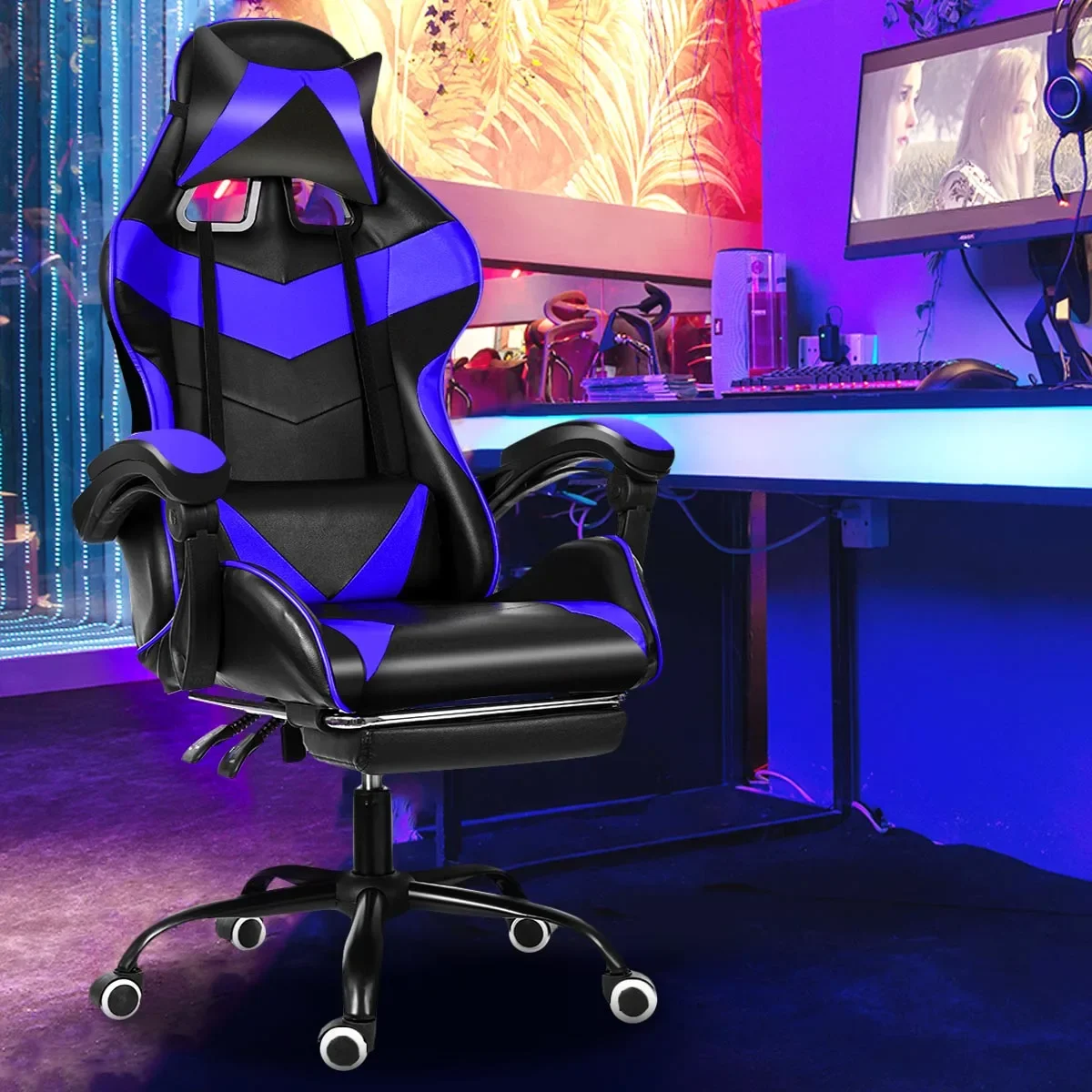 Leather Office Gaming Chair Home Internet Cafe Racing WCG Gaming Ergonomic ComputerSwivel Lifting Lying Gamer