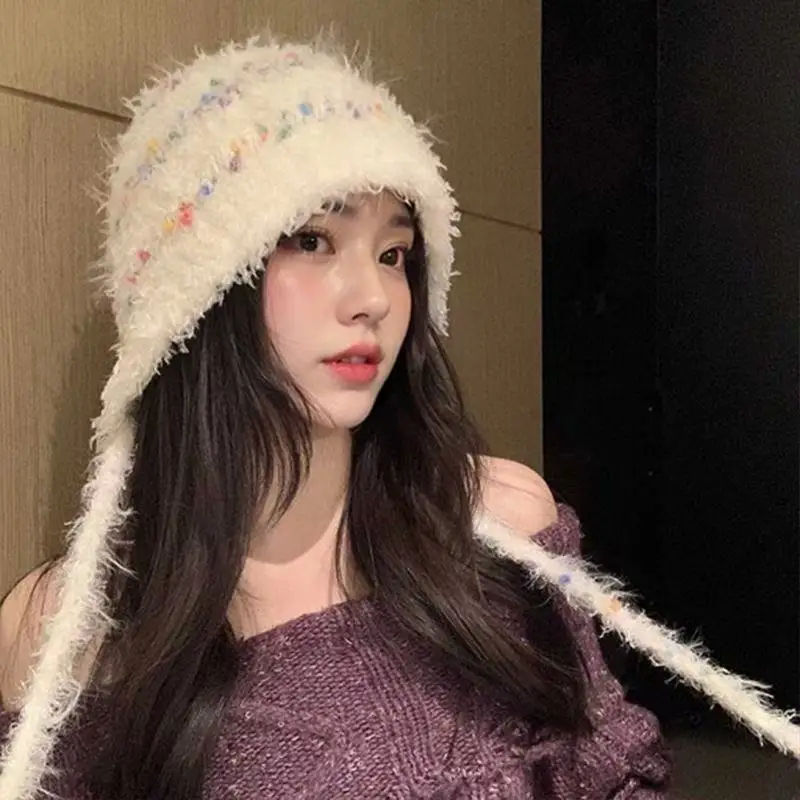 Beanies Plush Hat Women's Knitted Hat Autumn Winter Warm Ear Protector Wool Knitted Small Versatile Lace-up Knitted Hat Beanies