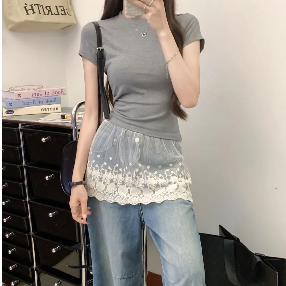 Harajuku Style Lace Mesh Mini Skirt Ruffles Elastic Pleated Skirt Jeans Decorative Hemline High Waist Layered Skirt