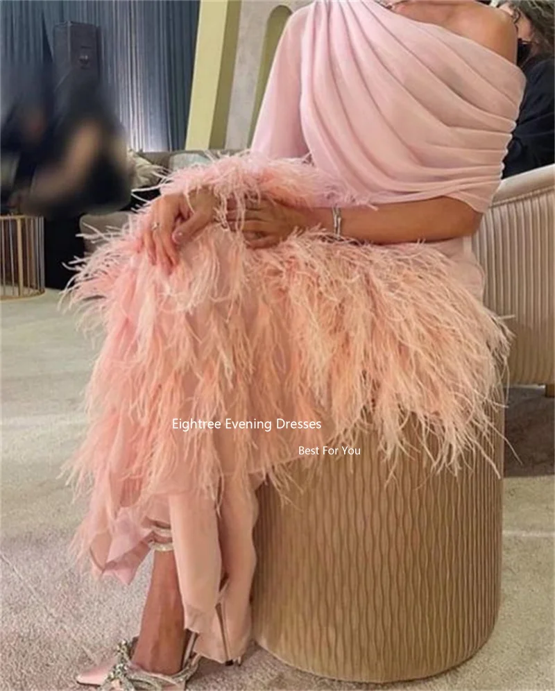 Eightree Pink Chiffion Evening Dress Feathers Elegant Long Vestido De Noche Abendkleider Dubai 2023 Formal Occasion Dresses