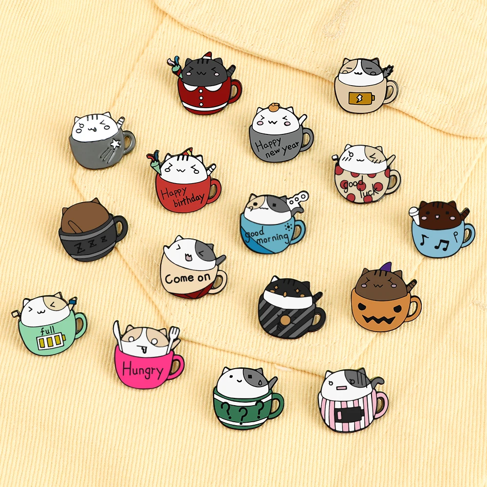 More Styles Cute Cup Cats Creative Animal Brooches Kids Backpack Decoration Badges Women Men Clothes Lapel Pin Jewelry Gift New