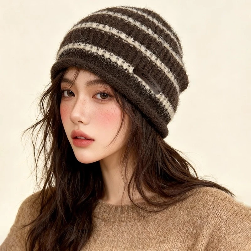 قبعة صوفية محبوكة مخططة عصرية ومتعددة الاستخدامات للرجال للخريف والشتاء قبعة Skullies Beanies الدافئة غير الرسمية للنساء #1