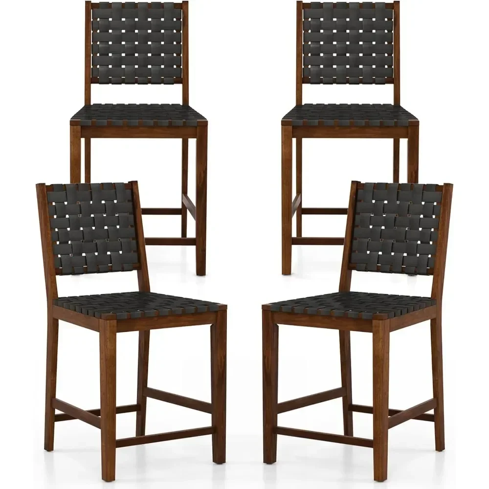 

Woven Bar Stools, Counter Height Bar Chairs with High Backrest, Footrest, Farmhouse Faux Leather Barstools