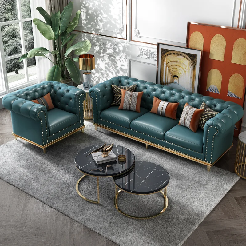 

#Luxury Upholstered 3+1+Couch Fabric Velvet Chesterfield Sofa with Gold Legs for Living Room Furniture