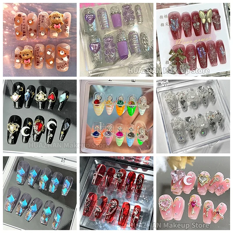 4sets/Lot Blind Box Handmade Long False Nails Tips Glitter Rhinestone Press On Nails Y2K Reusable Short Fake Nail With Glue Gift