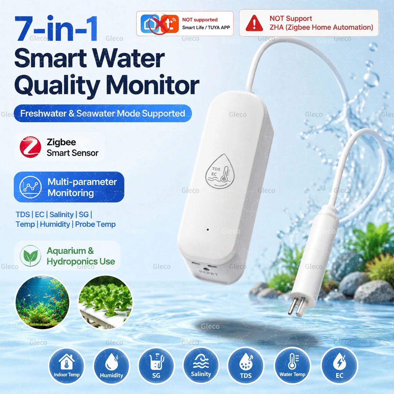 Image of 7in1 Zigbee Wasserqualitätssensor Temperatur- und Feuchtigkeitsmesser TDS EC Salzgehalt SG Tester Hausautomation für Home Assistant 2MQTT