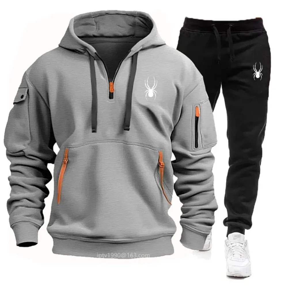 New autumn and winter men's hoodie set, fashionable and casual men's multi pocket zipper hoodie+sweatpants 2-piece jacket