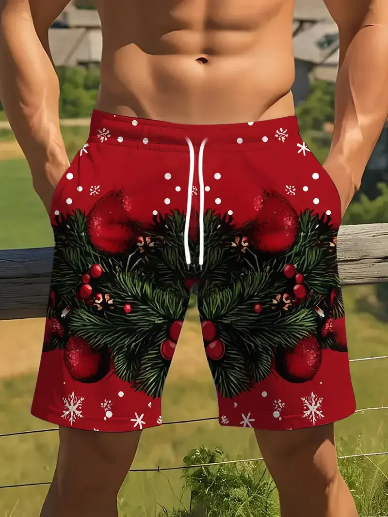 Vacanza estiva Vacanza Pantaloncini hawaiani Pantaloncini da bagno natalizi da uomo Rosso e bianco Fiocco di neve e agrifoglio Stampa Abbigliamento da spiaggia ad asciugatura rapida