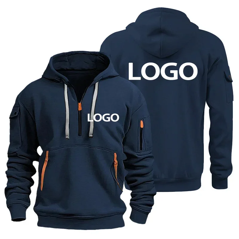Men's European Style Hooded Sports Sweatshirt Zipper Closure Arm Pocket Design Custom Your Logo