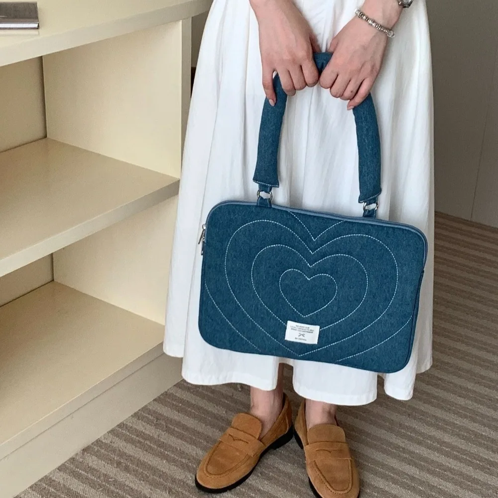 Gewaschene Denim-Schleife, Business-Aktentaschen, bestickte Aktenordner, Dokumententasche, Bolsas Love Heart, mehrschichtige Laptop-Hülle