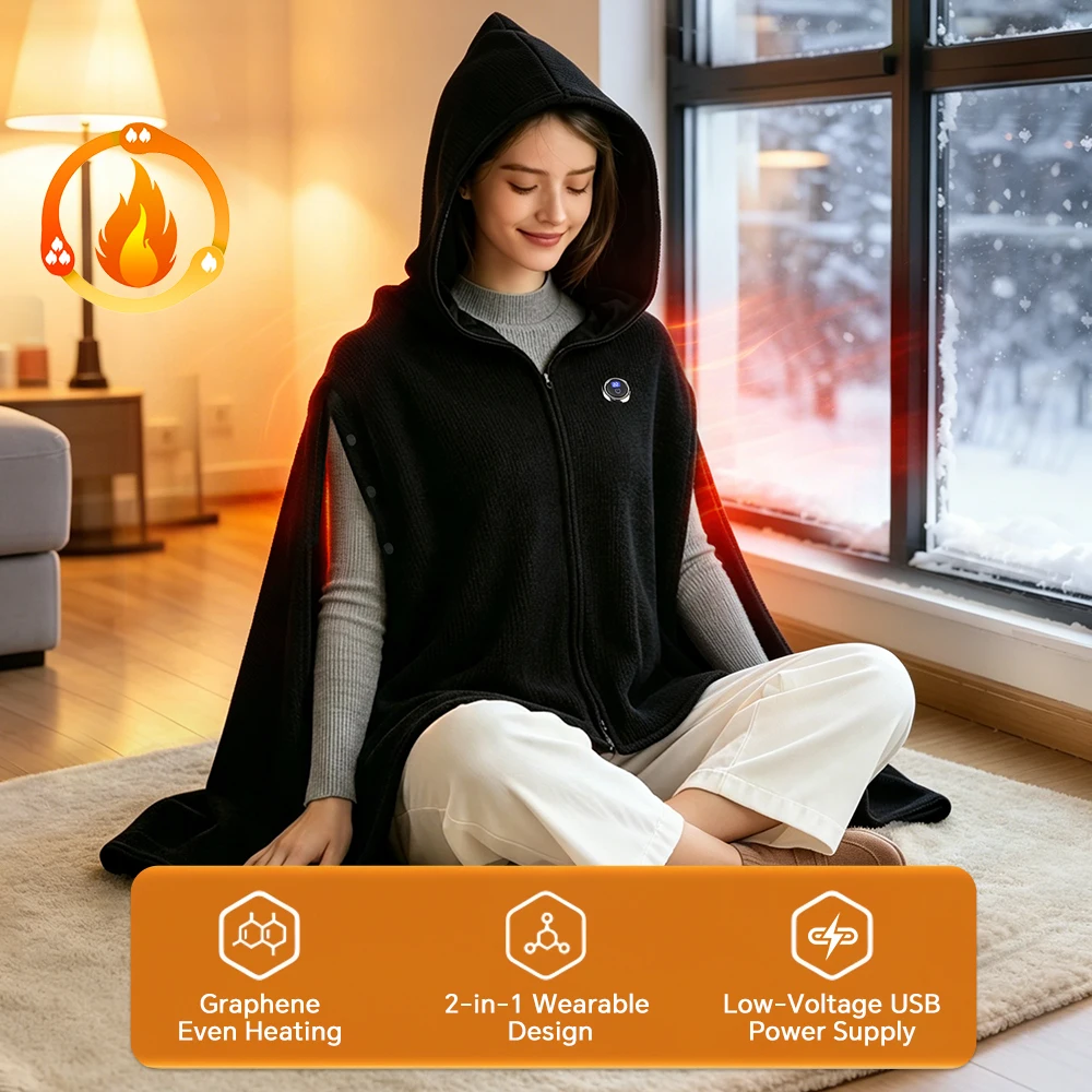Wearable Heated Blanket with Hood 3 Levels Graphene Heating Shawl Shoulder Warmer Electric Soft Throw Mat for Winter USB Powered