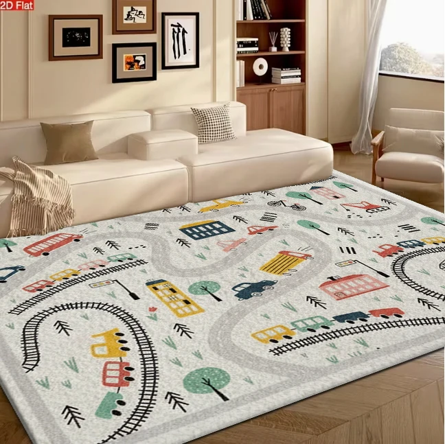 Cartoon City Traffic and Train Pattern Carpet Flooring for Kids Room Play Area Educational Non Slip Soft Floor Mat