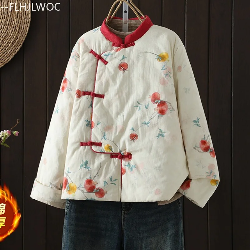 New Year Cute Women Retro Floral Cotton Quilted Jacket New Long Sleeve Casual Loose Winter Warm Padded Coat Outerwear Parkas