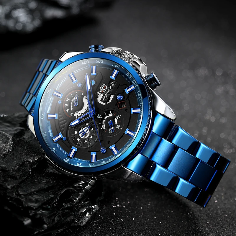 FORSINING Automatic Mens Watches Luxury Auto Day Date Luminous Transparent Sports Mechanical Male Clock Stainless Steel Bracelet