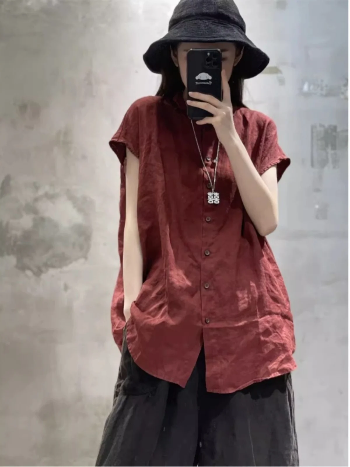 Linnen ort Sve irt Dames Zomer Lichtgewicht Bovenkleding Los Casual Veelzijdig Midi Lengte Elely Collared Cotton Line...