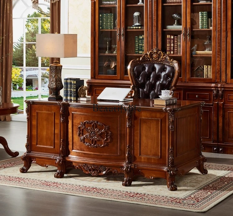 

American solid wood desk European high-end boss office desk and chair combination retro