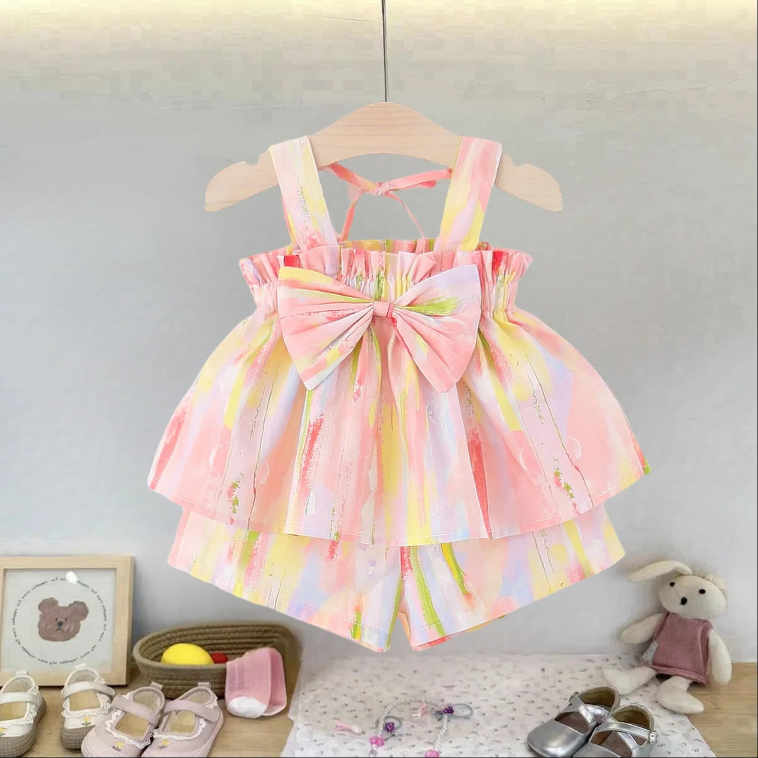 

2Pc/Set Baby Outfit Set Summer Cotton Bow Gradient Strap Top Shorts Baby Girl Set Sweet and Cute Beach Girl Clothing