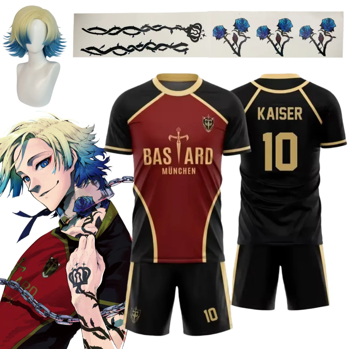 Disfraz de Cosplay de Anime Kaiser 2026 Bastard Munchen # Set de 10 Pelucas y Pegatinas de Uniforme de Fútbol Americano Michael Kaiser para Disfraces de Halloween