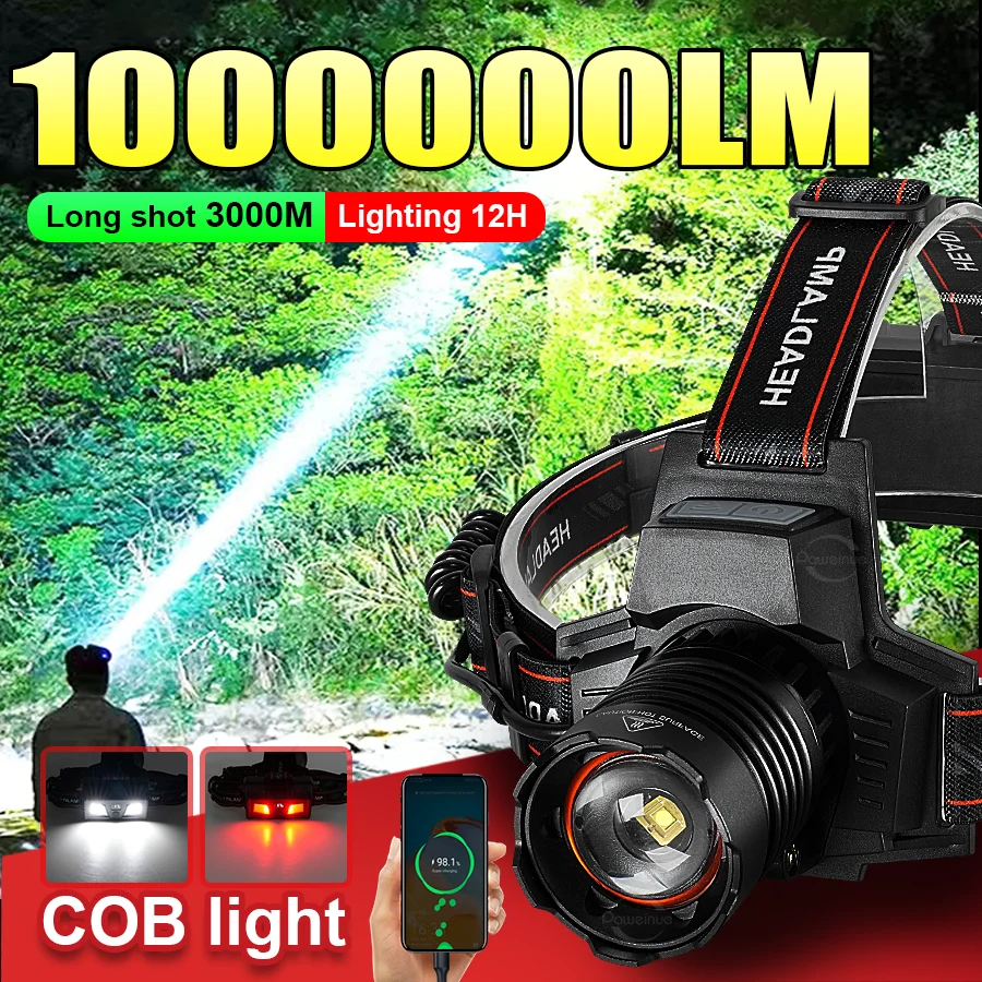 

1000000LM Светодиодная фара высокой мощности Long Shot 3000M Налобный фонарь Перезаряжаемый водонепроницаемый налобный фонарь 18650 Открытый фонарь для кемпинга