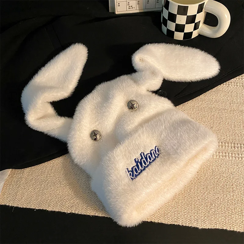لطيف آذان أرنب صغير الأبيض أفخم تو قبعة الباردة قبعة المرأة الخريف والشتاء سدادات حماية الأذن قبعة دافئة كومة فتاة هدية H1