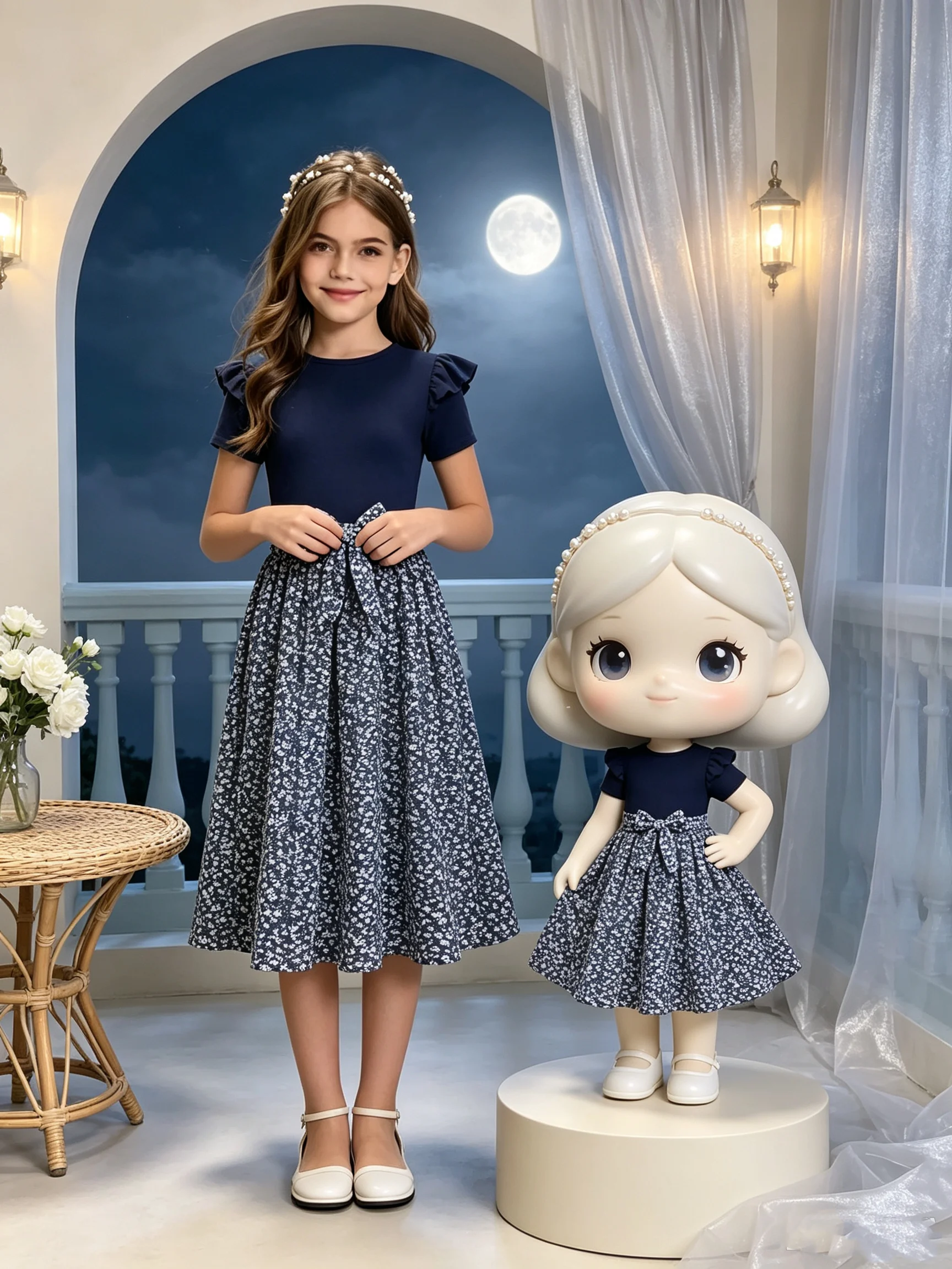 Teenager-Freizeitkleid mit Rundhalsausschnitt, kurzen Ärmeln, Rüschensaum, tailliertem Schnitt und Schleife, A-Linien-Rock, Kinderkleid – Detail 2