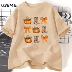 Western Fall Pumpkin T Shirts Coquette Bow Vibes Country Fall Cowgirl T Shirt Women Men Cotton Harajuku T-shirts Woman Clothes